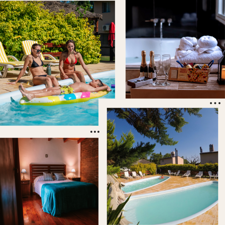 Collage de Cabañas Las Sirenas Premium en Villa Urquiza Entre Rios con piscina privada, jacuzzi, habitación matrimonial y detalles de bienvenida.