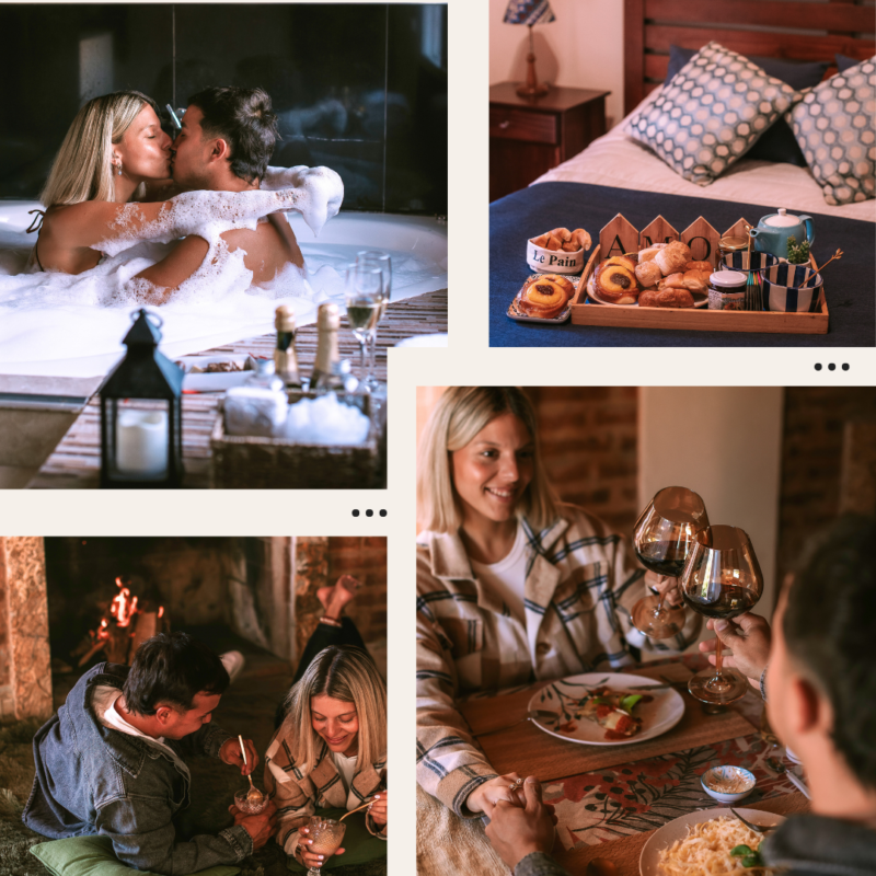 Collage Escapada Romántica en Villa Urquiza, Entre Ríos: desayuno artesanal, pareja junto a la chimenea, paseo en bicicleta y cena gourmet