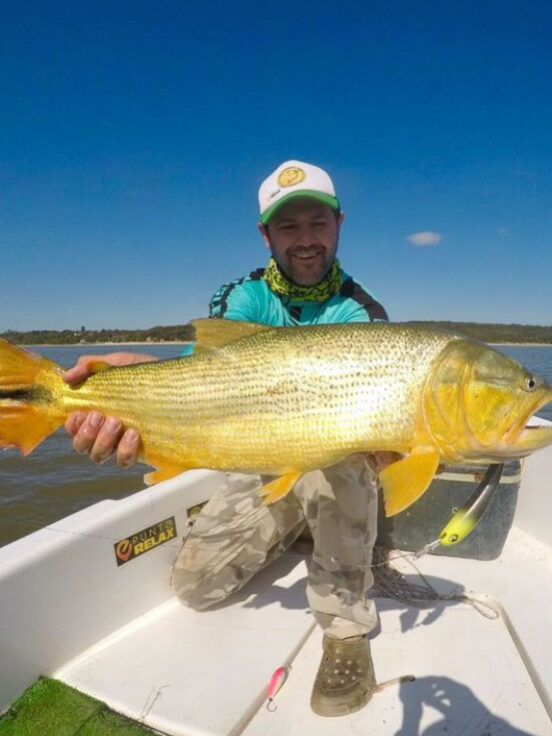 Pescador mostrando un dorado capturado en el río Paraná con Punto Relax