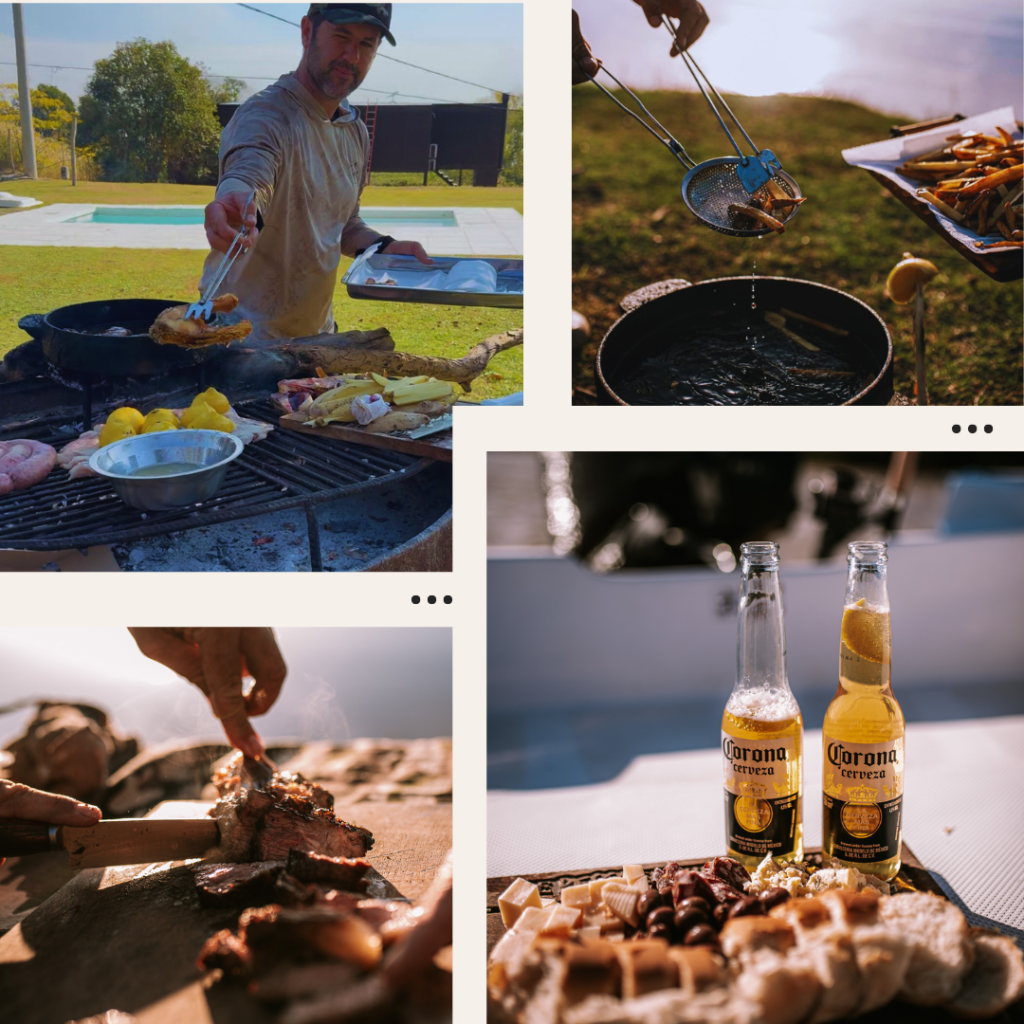 Collage de jornada de pesca con almuerzo en la isla: guía sirviendo pescado a la parrilla con papas y limón; freidora con papas fritas al aire libre; corte de carne asada sobre tabla de madera; dos botellas de cerveza Corona con rodajas de limón acompañadas de picada, con el río Paraná de fondo.
