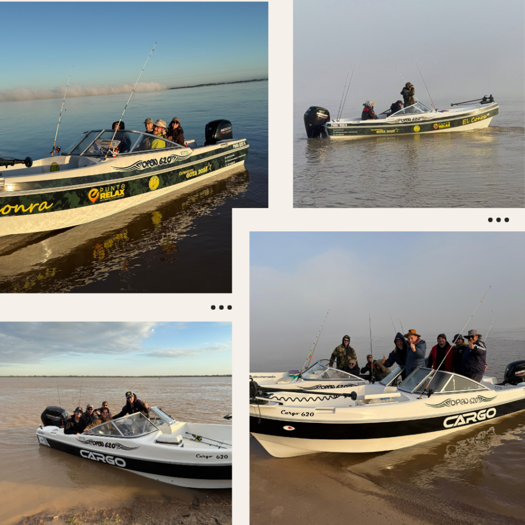 Cuatro imágenes de lanchas modernas de pesca Punto Relax en el río Paraná, Villa Urquiza, con pescadores disfrutando una jornada guiada con cañas, reels y equipo profesional, en plena naturaleza.
