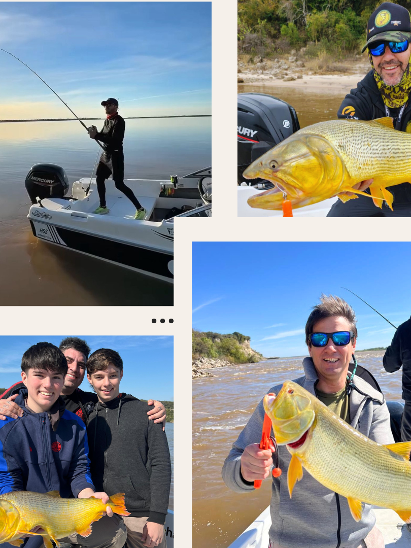 Turistas mostrando un dorado capturado en una jornada de pesca embarcada en Villa Urquiza, Entre Ríos