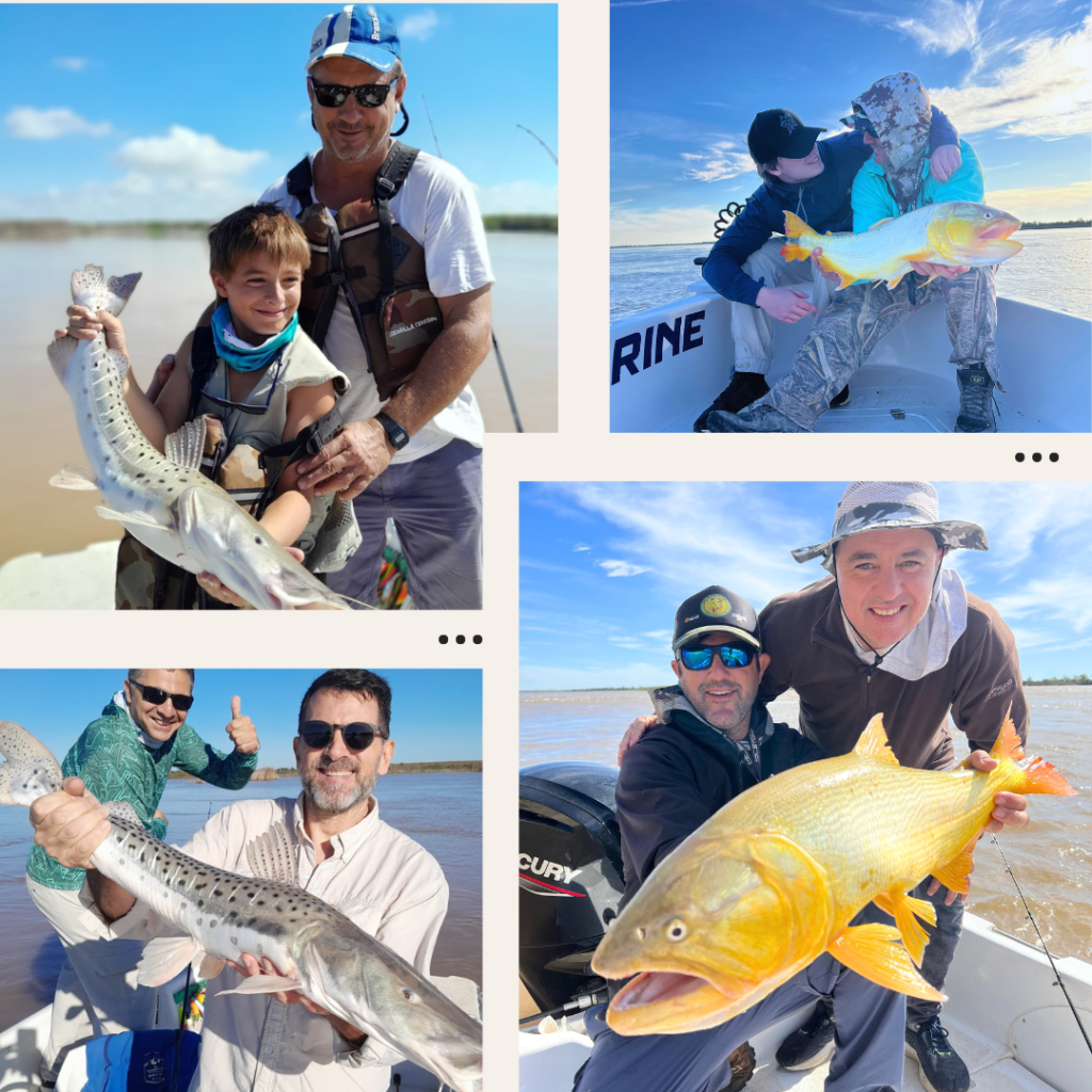 Collage de pesca deportiva en Villa Urquiza: padre e hijo muestran un gran surubí; dos pescadores en una lancha exhiben un dorado recién capturado; hombre sostiene un surubí junto a un compañero que sonríe; pescador muestra un dorado de gran tamaño junto a su guía, con el paisaje del río Paraná de fondo.
