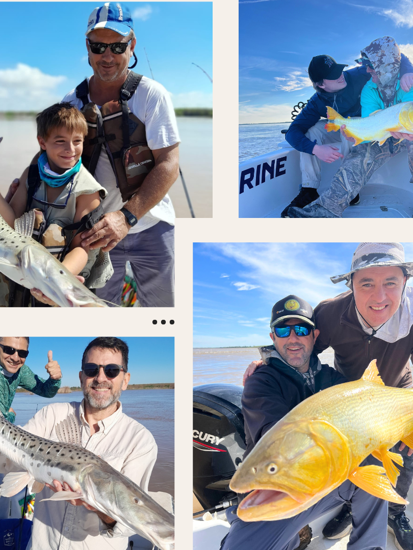 Padre e hijo pescando un surubí en el río Paraná en Villa Urquiza Entre Rios , con guías de Punto Relax Villa Urquiza”