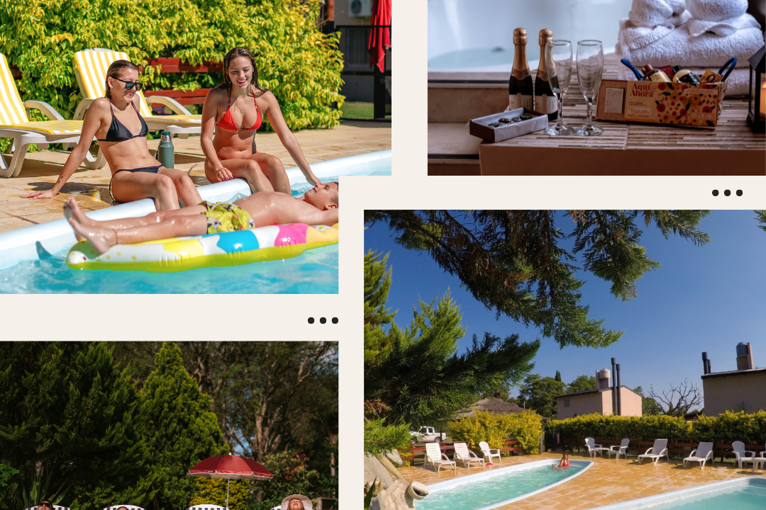 Collage de Cabañas Las Sirenas Premium en Villa Urquiza Entre Rios con piscina privada, jacuzzi, habitación matrimonial y detalles de bienvenida.