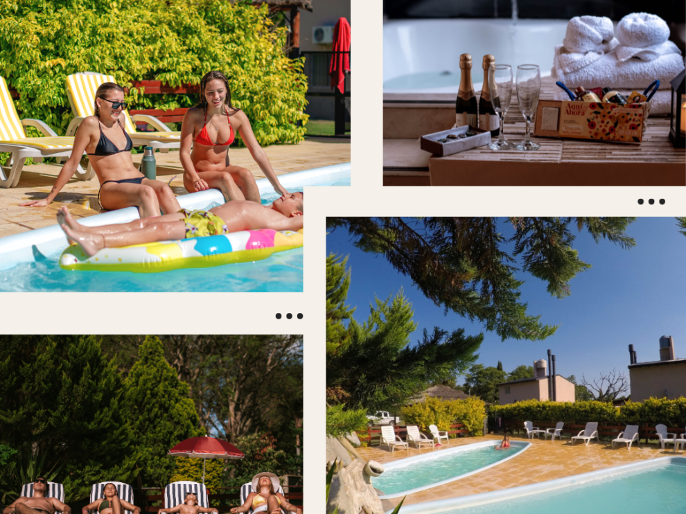 Collage de Cabañas Las Sirenas Premium en Villa Urquiza Entre Rios con piscina privada, jacuzzi, habitación matrimonial y detalles de bienvenida.