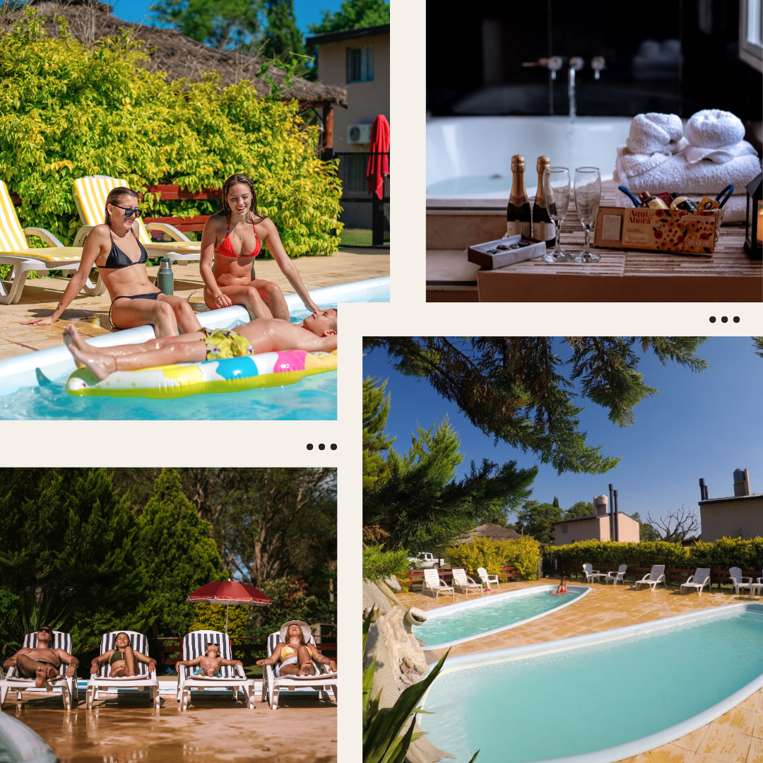 Collage de Cabañas Las Sirenas Premium en Villa Urquiza Entre Rios con piscina privada, jacuzzi, habitación matrimonial y detalles de bienvenida.