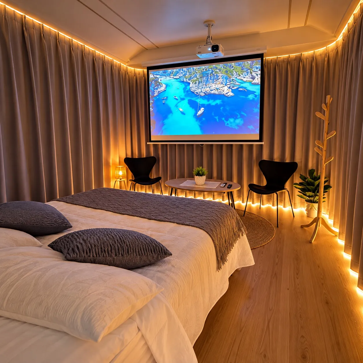 Cápsula Premium RDO de noche con iluminación cálida, cama matrimonial y pantalla de cine privada para parejas