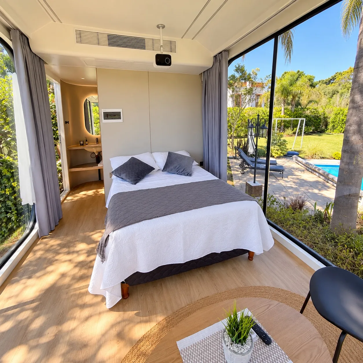 Habitación de Cápsula Premium RDO con cama matrimonial, proyector y grandes ventanales con vista al jardín